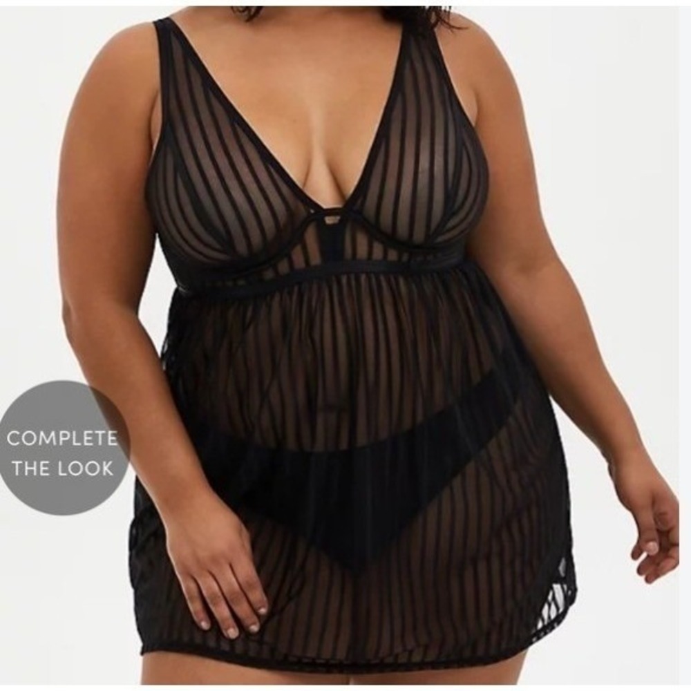 Torrid Curve Black Stripe Mesh Plunging Underwire Babydoll Lingerie 1X 14-16 NEW